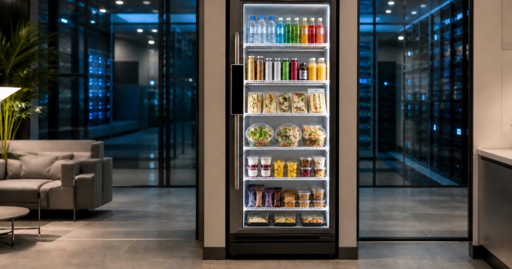 Revvolto Austin smart vending cooler stocked for data center teams in a breakroom lounge
