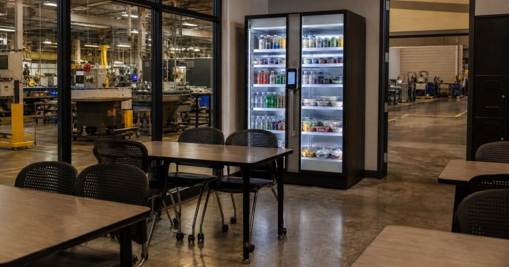 Revvolto smart cooler near an Austin manufacturing training room for workplace food access