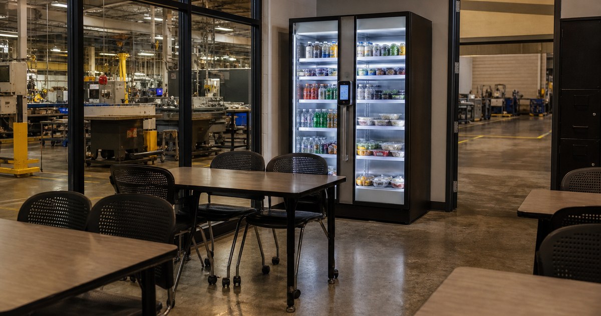 Revvolto smart cooler near an Austin manufacturing training room for workplace food access