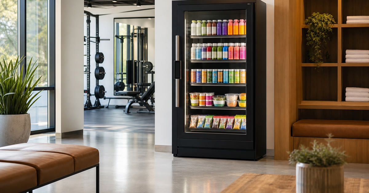 Revvolto smart vending cooler in an Austin fitness recovery lounge with stocked grab-and-go drinks and snacks