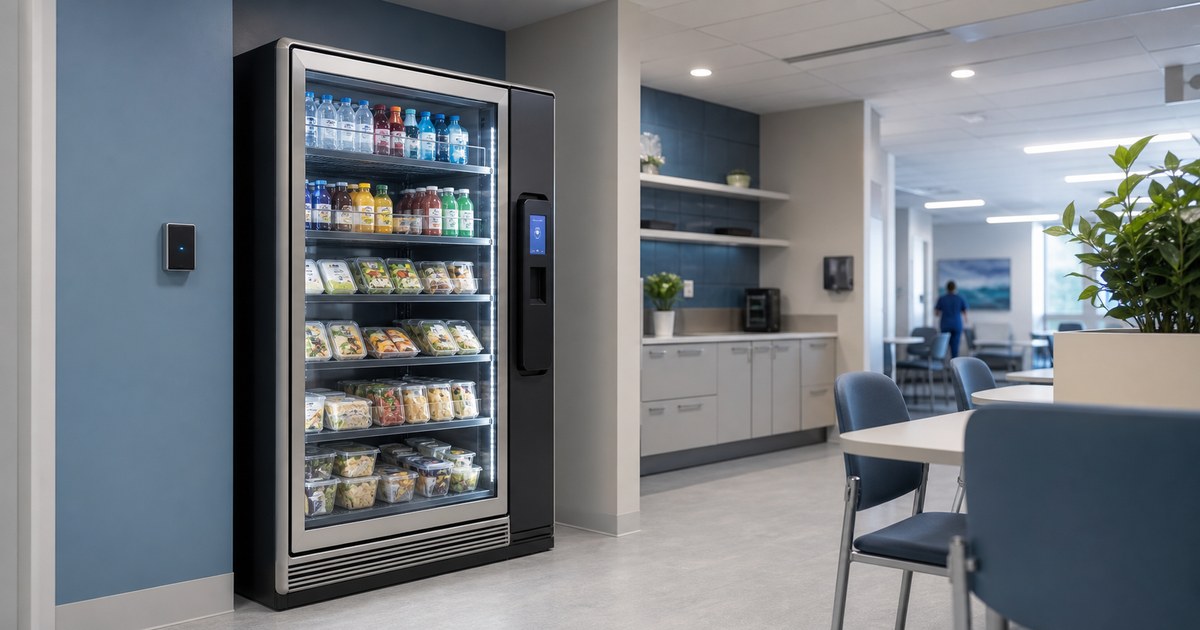 Revvolto smart vending cooler in a hospital staff lounge with stocked grab-and-go drinks and snacks