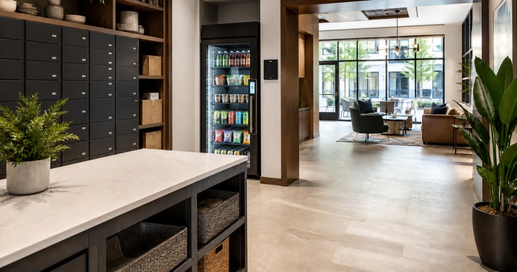 Revvolto Austin smart vending cooler near an apartment package room and resident lounge