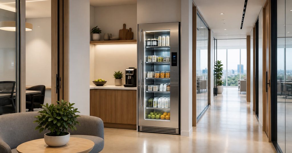 Revvolto smart fridge in an Austin shared office break alcove near conference rooms
