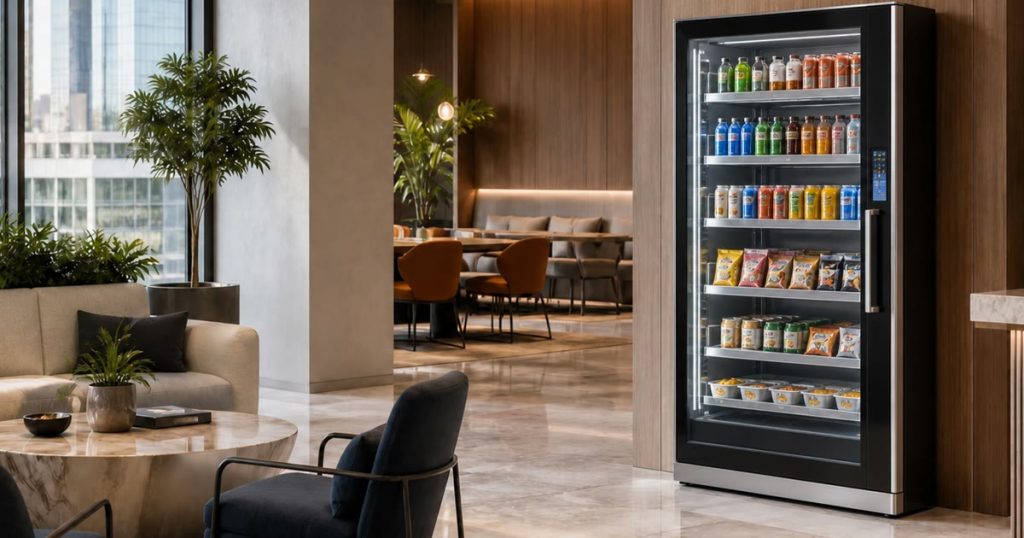 Revvolto Austin office tenant lounge smart vending cooler with stocked glass front