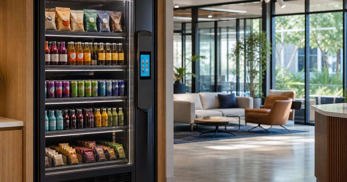 Revvolto Austin office tenant lounge smart vending cooler stocked with drinks and snacks