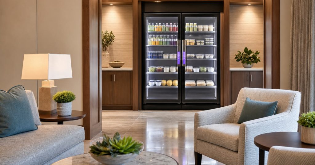 Revvolto smart vending cooler in an Austin senior living activity lounge refreshment alcove
