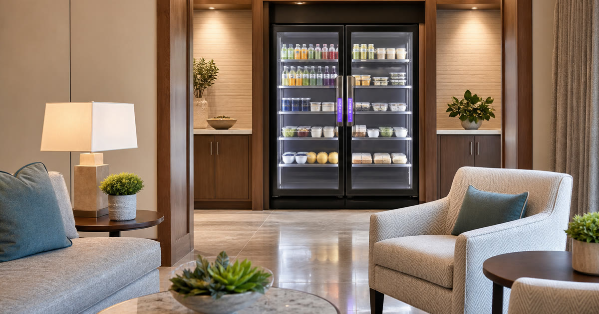 Revvolto smart vending cooler in an Austin senior living activity lounge refreshment alcove