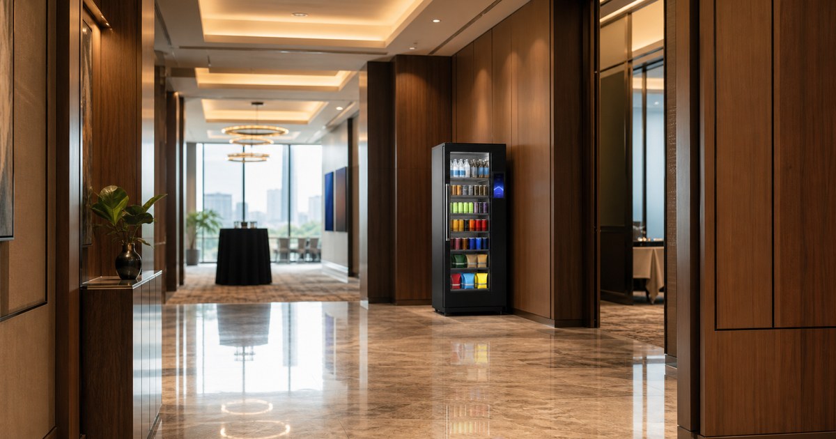 Revvolto smart vending cooler near an Austin conference lounge for quick event-day food access