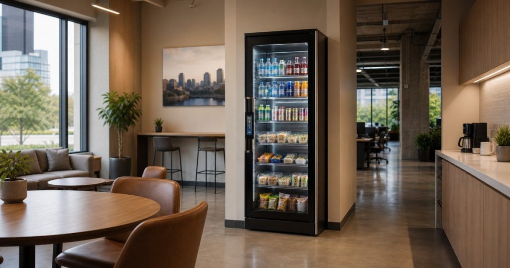 Revvolto smart cooler in an Austin break room for comparing micro market fit