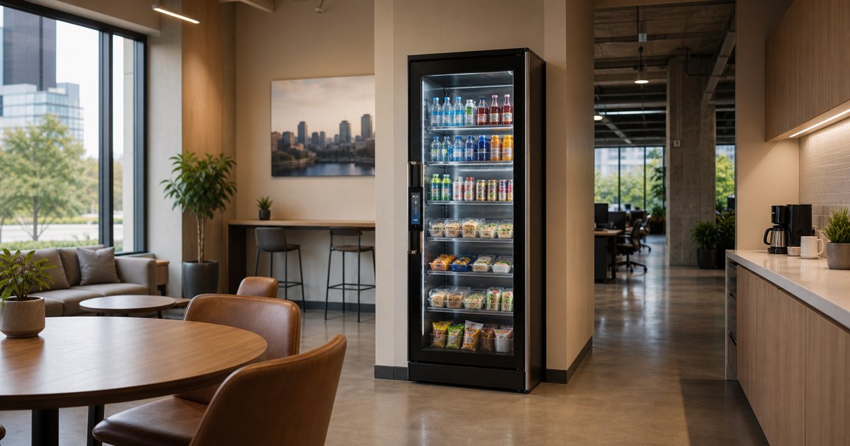 Revvolto smart cooler in an Austin break room for comparing micro market fit