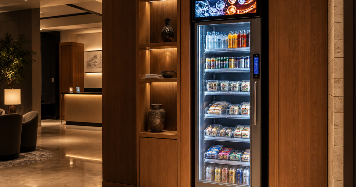 Revvolto smart vending cooler in an Austin hotel after-hours pantry alcove with clear glass and stocked shelves