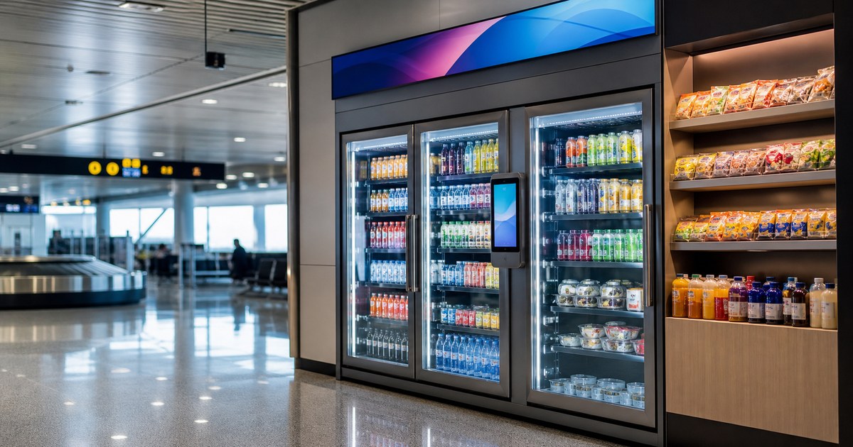 Revvolto smart vending cooler in an Austin airport baggage claim waiting area with stocked glass doors