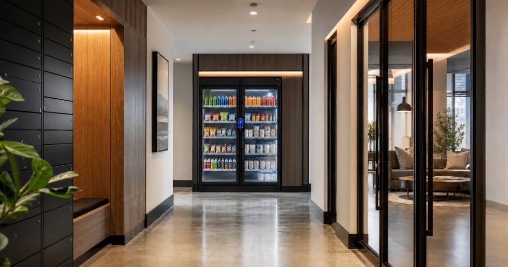 Revvolto smart vending cooler in an Austin apartment resident lounge with stocked glass shelves and handle LCD