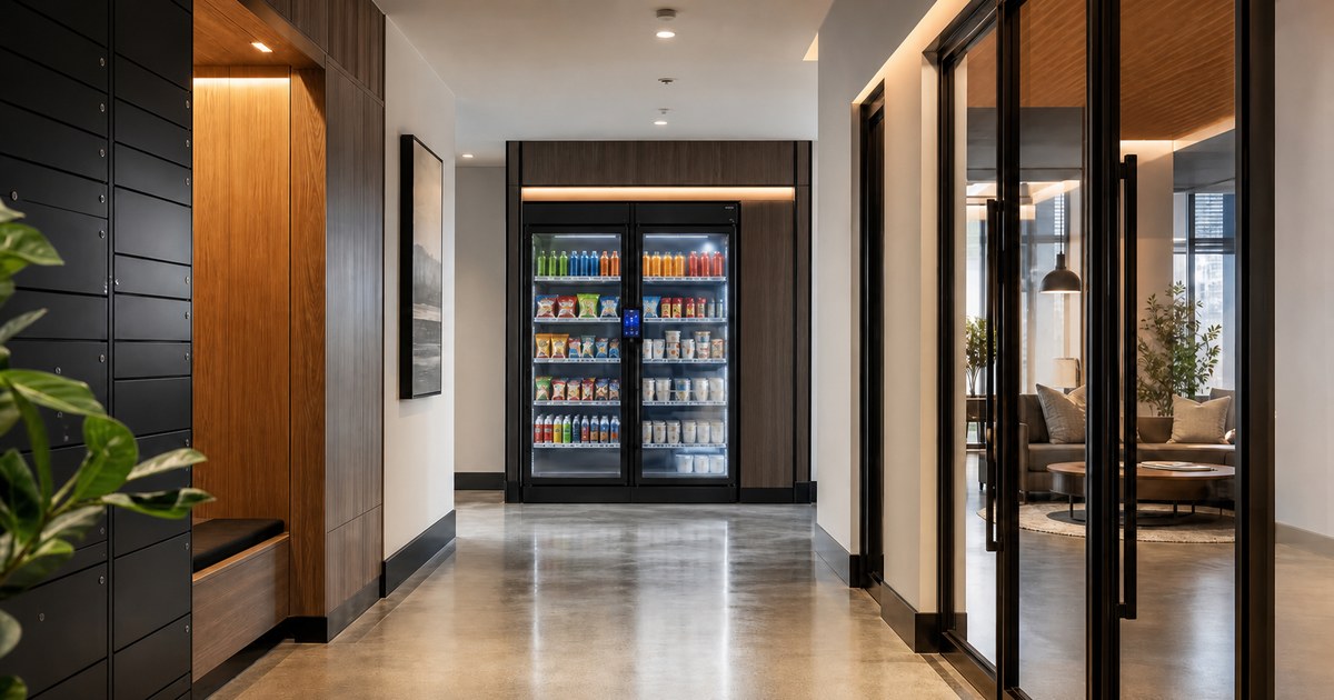 Revvolto smart vending cooler in an Austin apartment resident lounge with stocked glass shelves and handle LCD