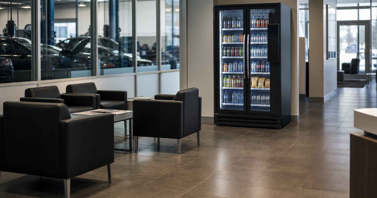 Revvolto smart vending machine in an Austin auto dealership service lounge with clear glass and cashless handle panel