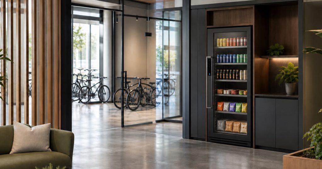 Revvolto smart vending cooler near an Austin building mobility entrance with stocked glass shelves