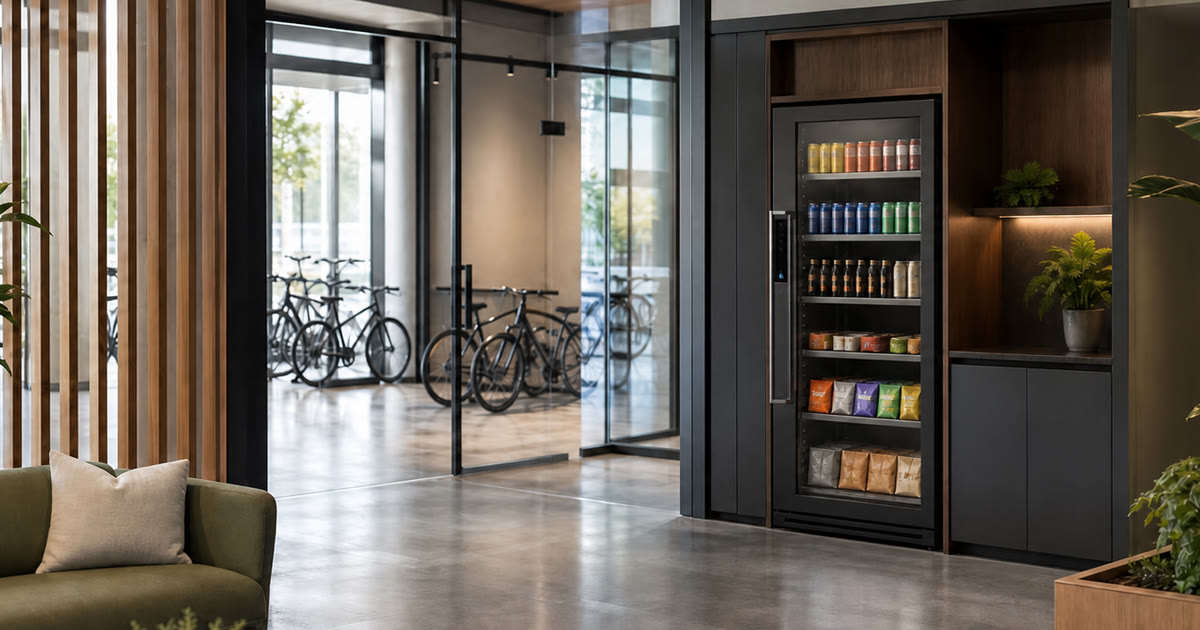 Revvolto smart vending cooler near an Austin building mobility entrance with stocked glass shelves