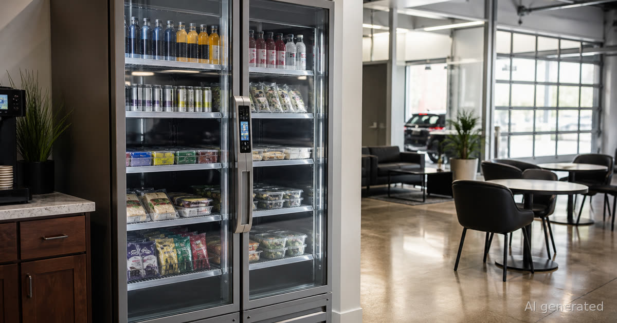 Revvolto Austin smart vending cooler in an employee lounge with cold drinks near the break path