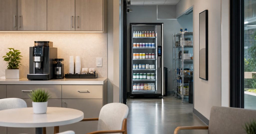 Revvolto smart vending cooler near a clinic staff service path with stocked glass doors and room access