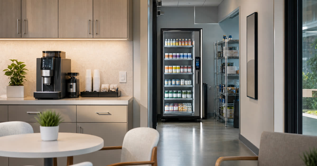 Revvolto smart vending cooler near a clinic staff service path with stocked glass doors and room access