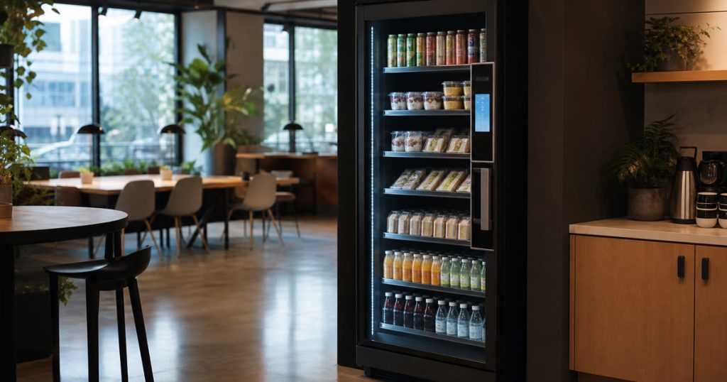 Revvolto smart vending cooler near a coworking coffee bar for after-hours food and drink access