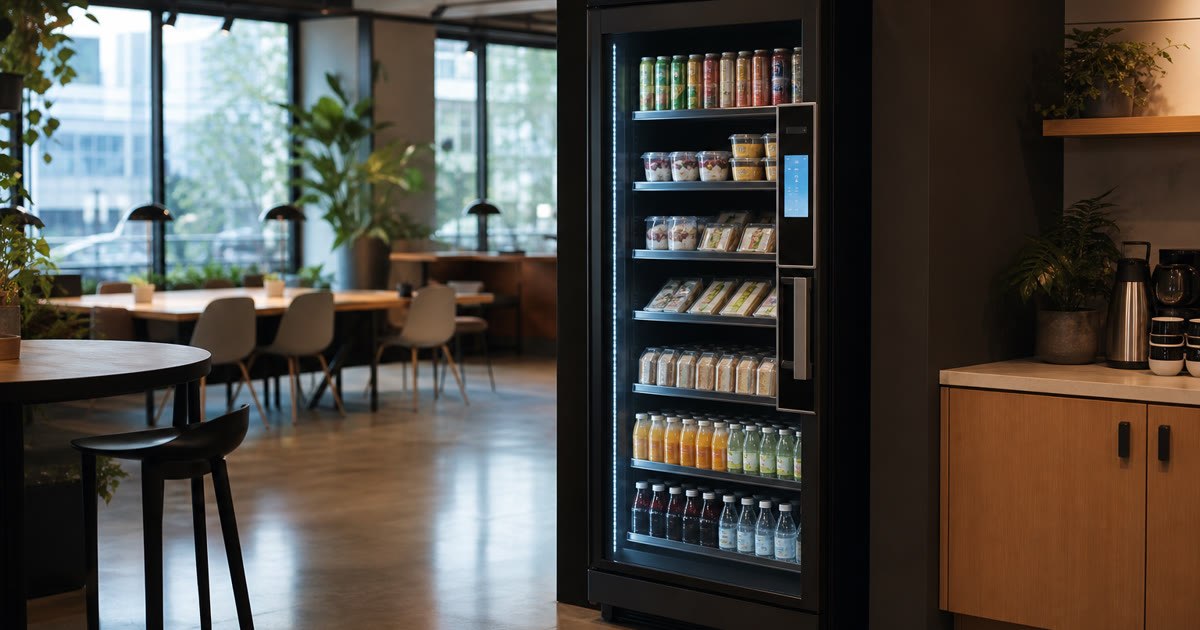 Revvolto smart vending cooler near a coworking coffee bar for after-hours food and drink access
