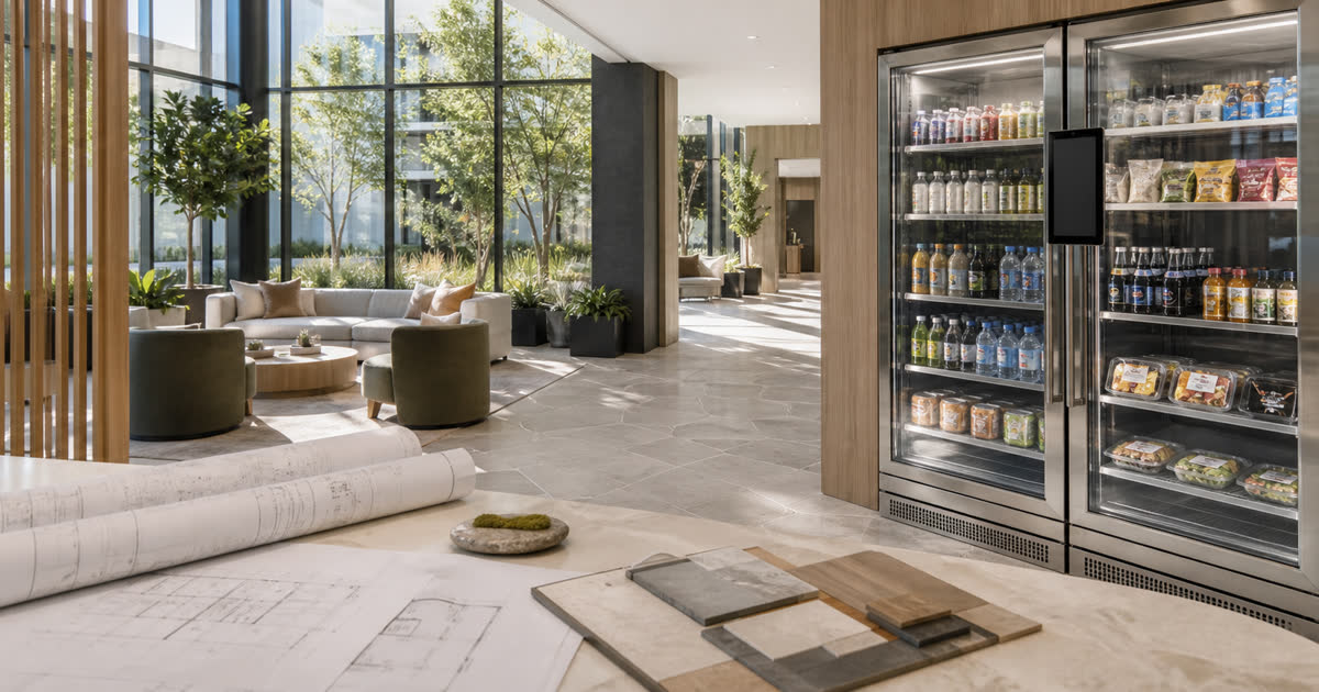 Conceptual Revvolto smart vending cooler near Austin development plans with stocked shelves and a blank handle screen