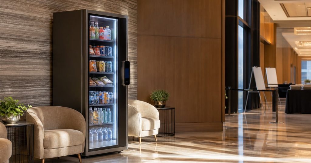 Revvolto smart vending cooler near a business event corridor break area in Austin
