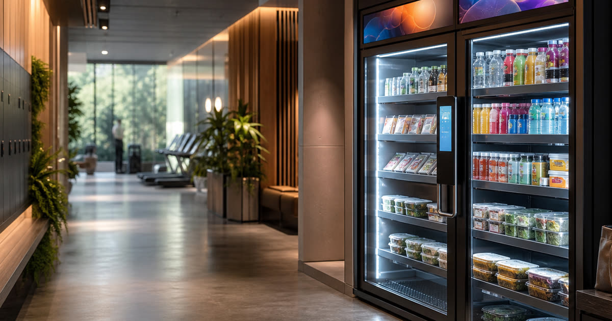 Conceptual Revvolto smart vending cooler near a gym locker vestibule with stocked glass doors and handle LCD