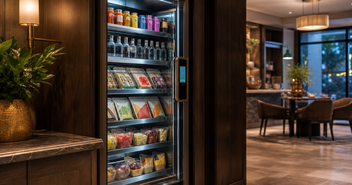 Revvolto smart vending cooler in a hotel lobby grab-and-go alcove with stocked glass shelves
