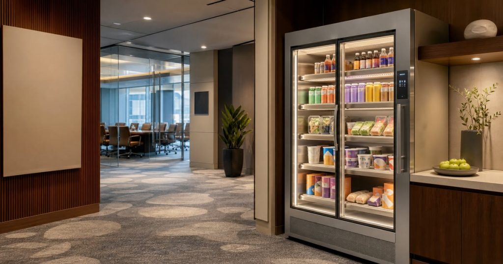 Revvolto smart fridge in an Austin conference-center alcove with stocked food and drink options