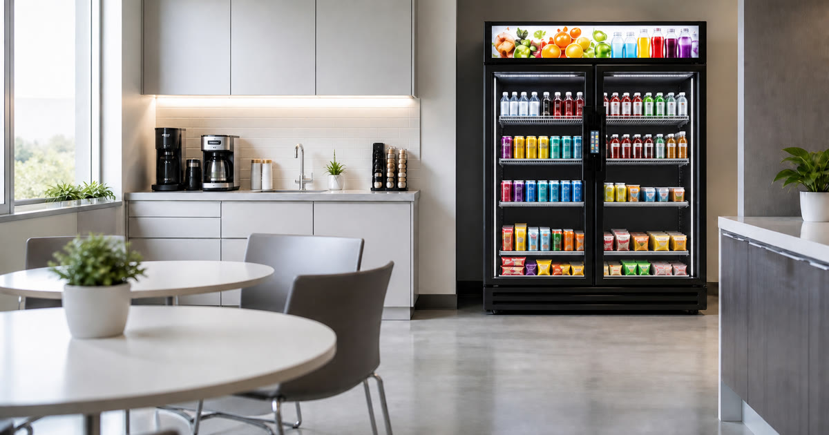 Revvolto Austin smart vending machine provider service support in a breakroom with clear-glass smart cooler