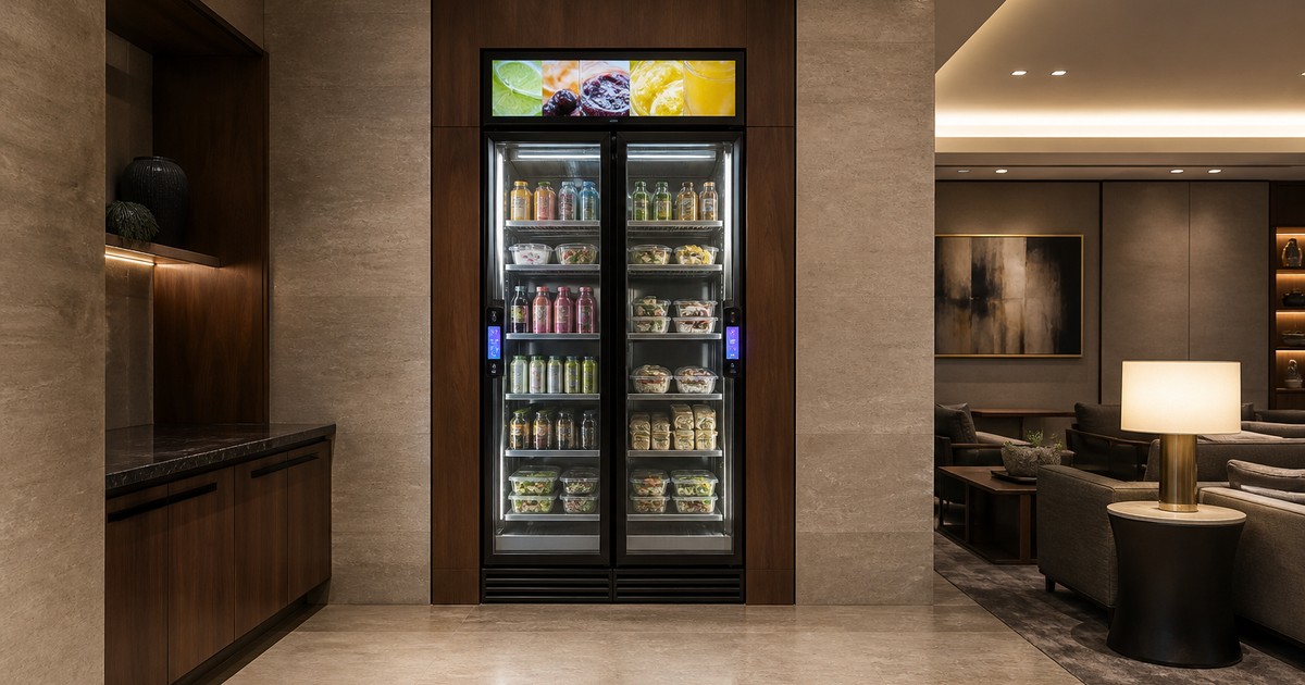 Revvolto smart vending machine in a premium amenity lounge with full glass doors and handle LCDs for maintenance planning