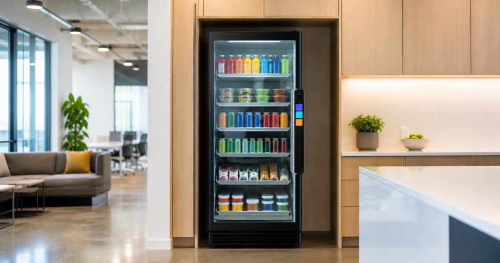 Revvolto Austin smart vending cooler in a compact office pantry nook without a full market room