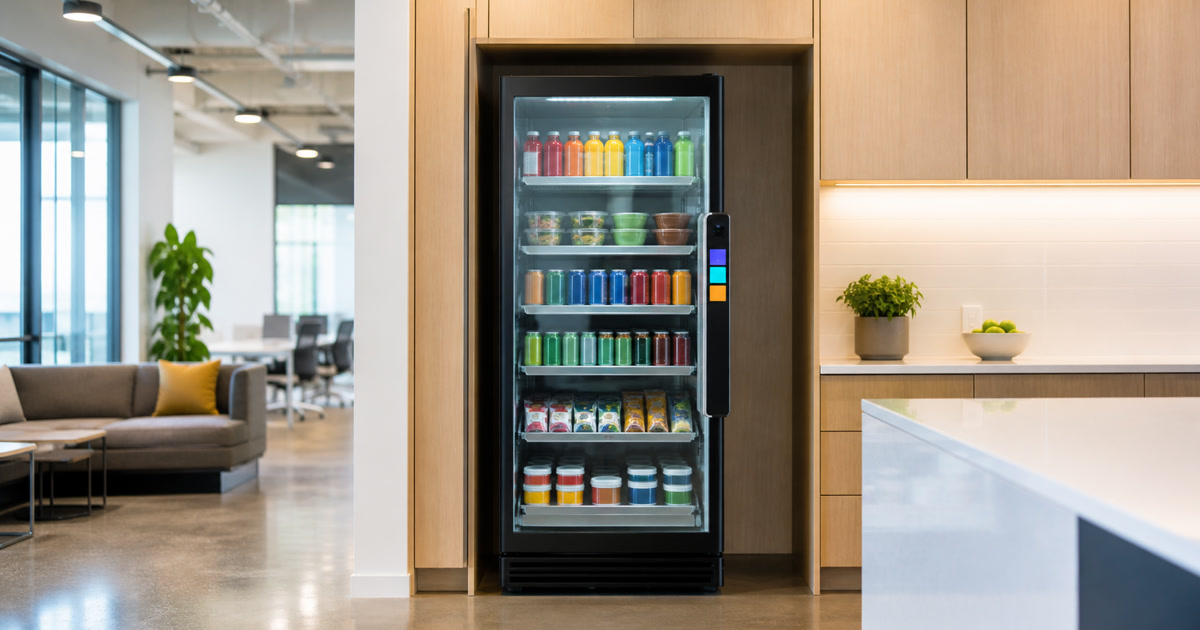 Revvolto Austin smart vending cooler in a compact office pantry nook without a full market room
