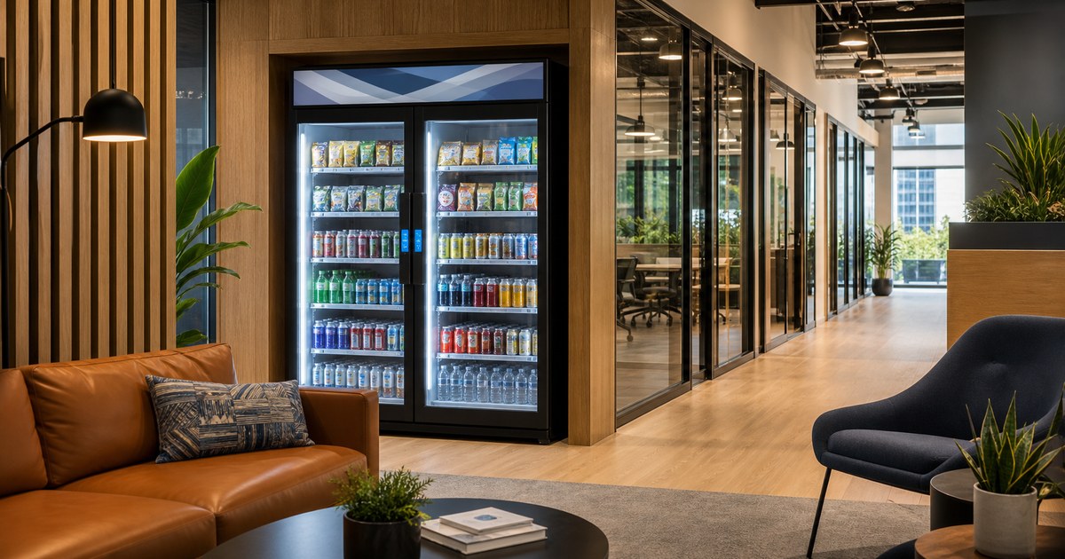 Revvolto smart vending cooler in an Austin coworking office lounge with stocked glass shelves and handle LCDs