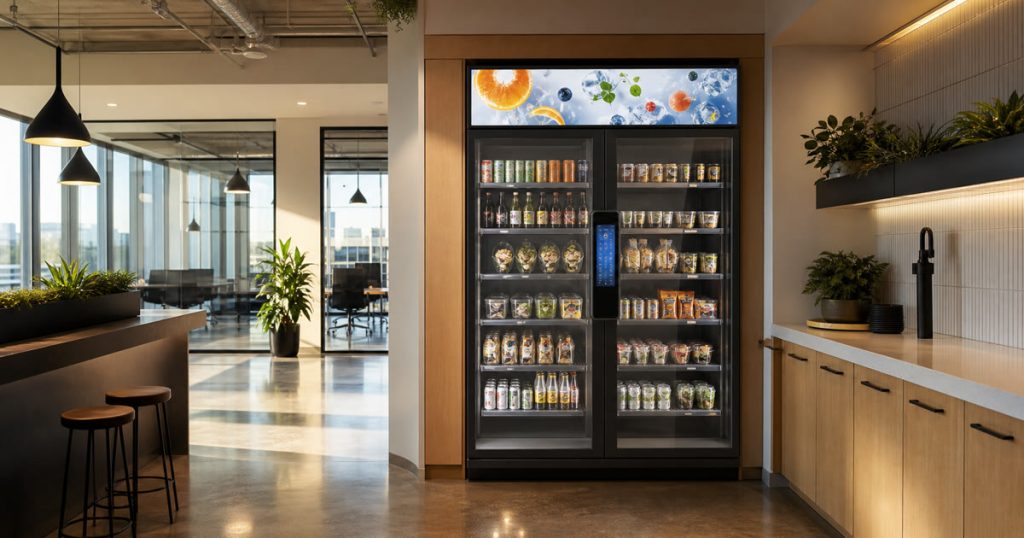 Revvolto smart vending cooler in an Austin office break path with full glass doors and a handle LCD