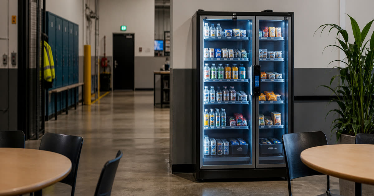 Revvolto smart vending machine in a warehouse breakroom near a shift path with stocked glass doors