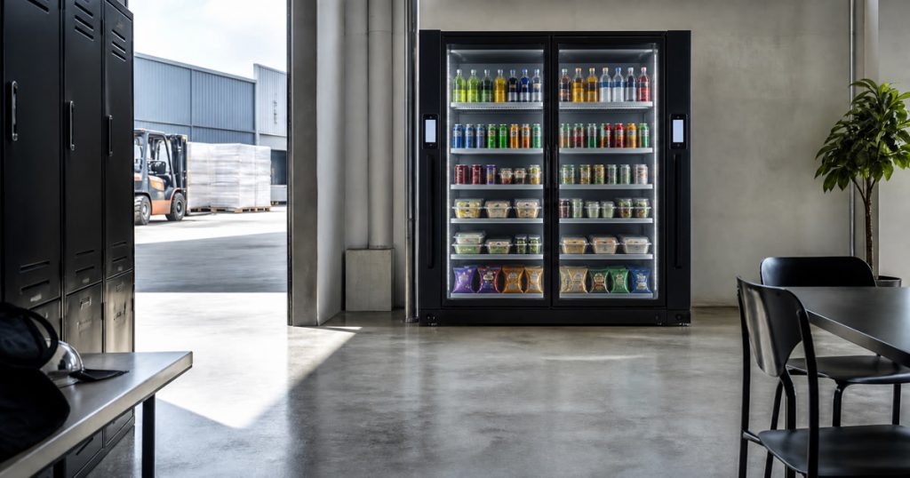 Revvolto Austin smart cooler in a warehouse shift break area for summer vending planning