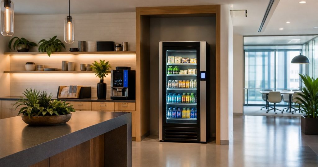 Revvolto smart cooler in an upscale Austin office breakroom with clear restocking access