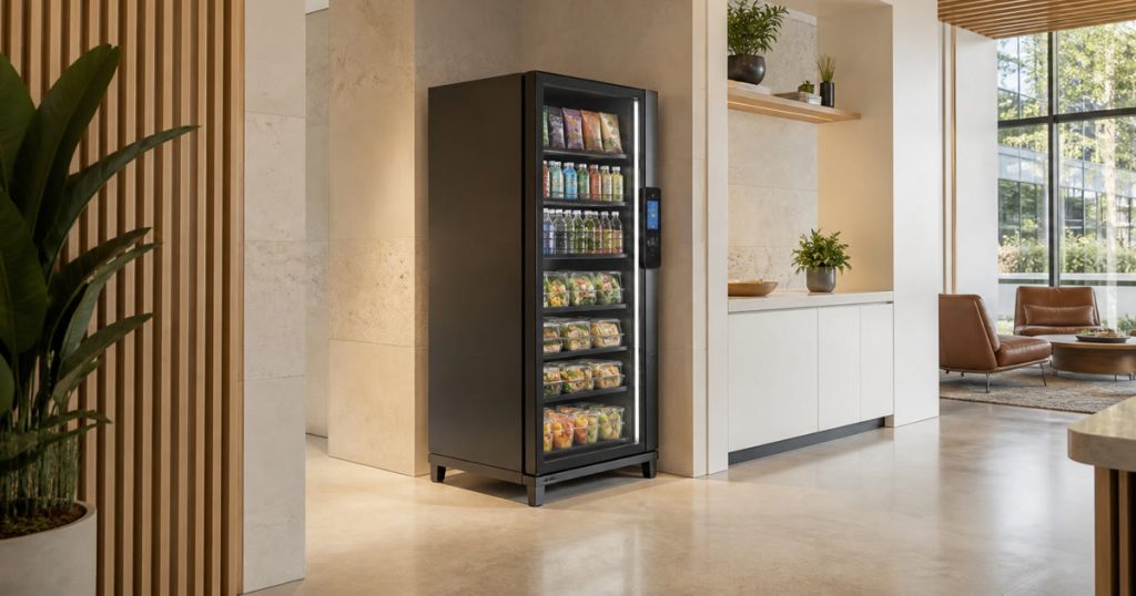 Revvolto smart cooler in an Austin lobby alcove showing clear vending site review placement
