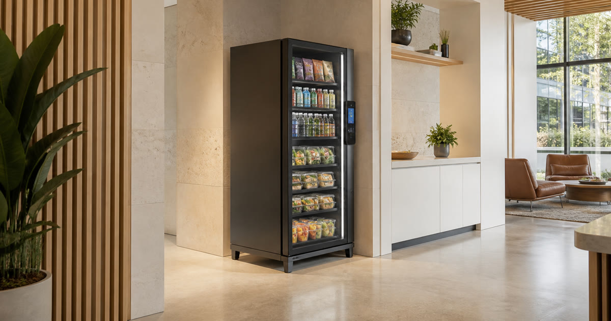 Revvolto smart cooler in an Austin lobby alcove showing clear vending site review placement