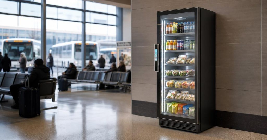 Revvolto smart vending smart cooler in an Austin bus station waiting area for transit-adjacent food access