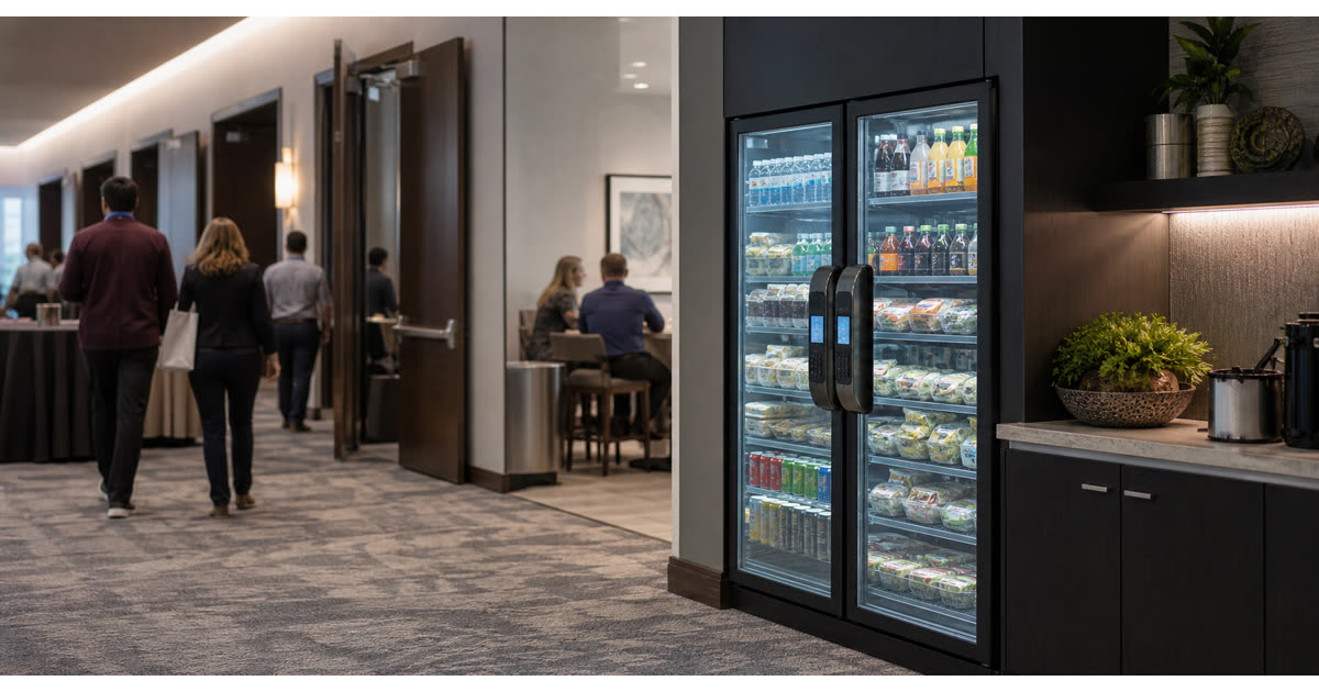 Revvolto smart cooler near Austin workshop rooms with stocked glass doors and handle screens