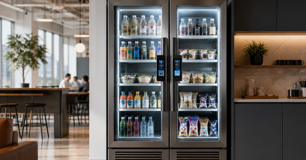 Revvolto smart cooler in a coworking member lounge with glass doors and stocked grab-and-go products