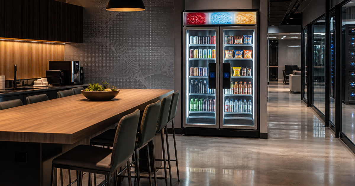 Revvolto smart cooler in a data center operations lounge with stocked glass doors and staff seating