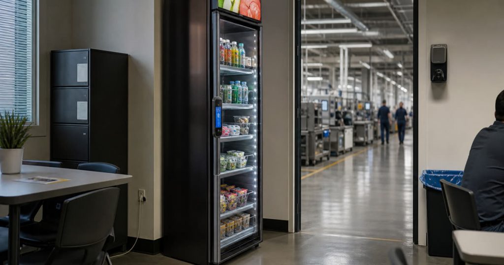 Revvolto smart cooler in a manufacturing staff breakroom with clear glass stocked shelves and handle screen