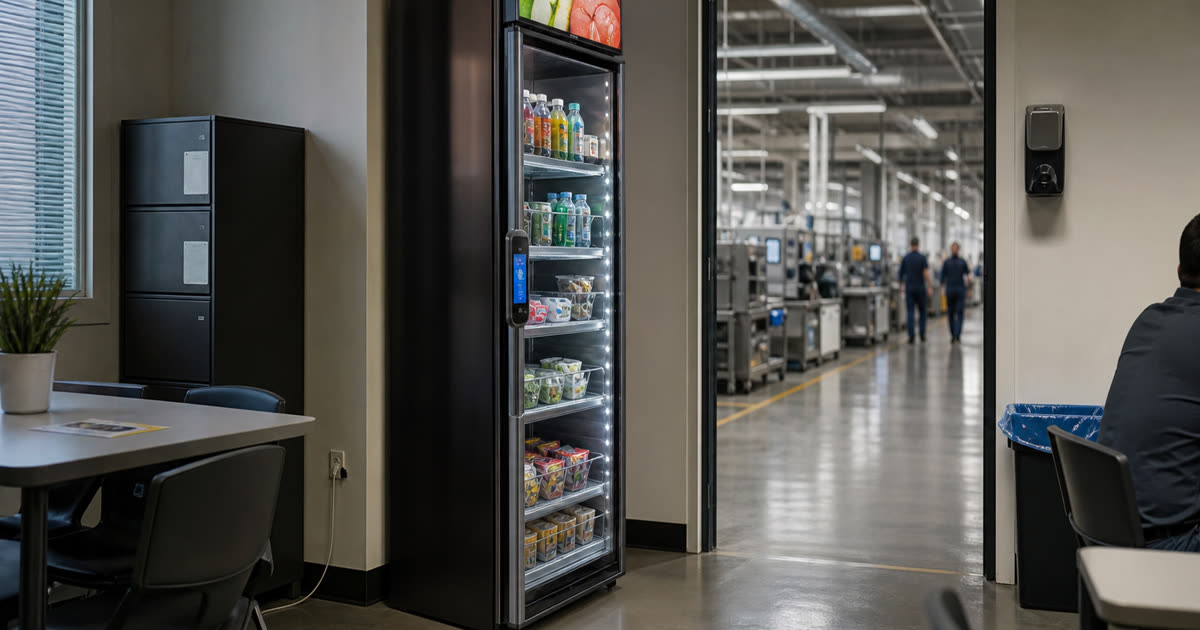 Revvolto smart cooler in a manufacturing staff breakroom with clear glass stocked shelves and handle screen