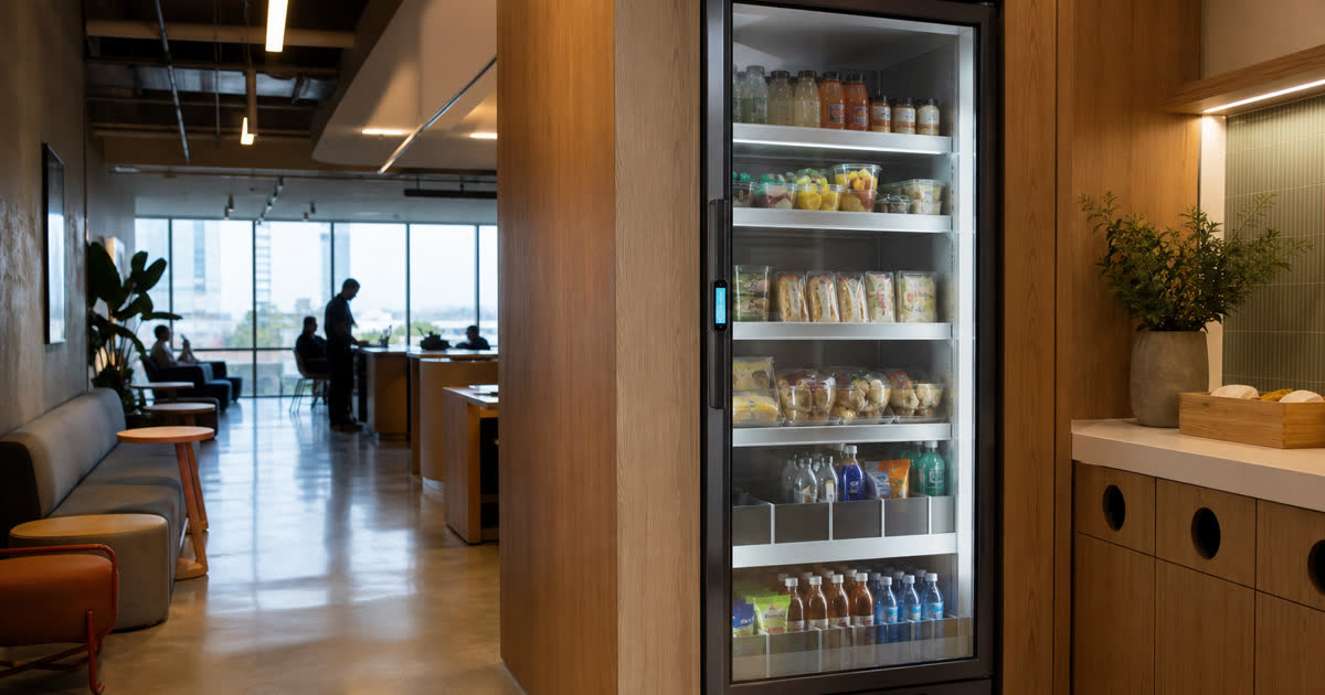 Revvolto smart cooler in an Austin office tenant amenity lounge with clear glass and stocked products