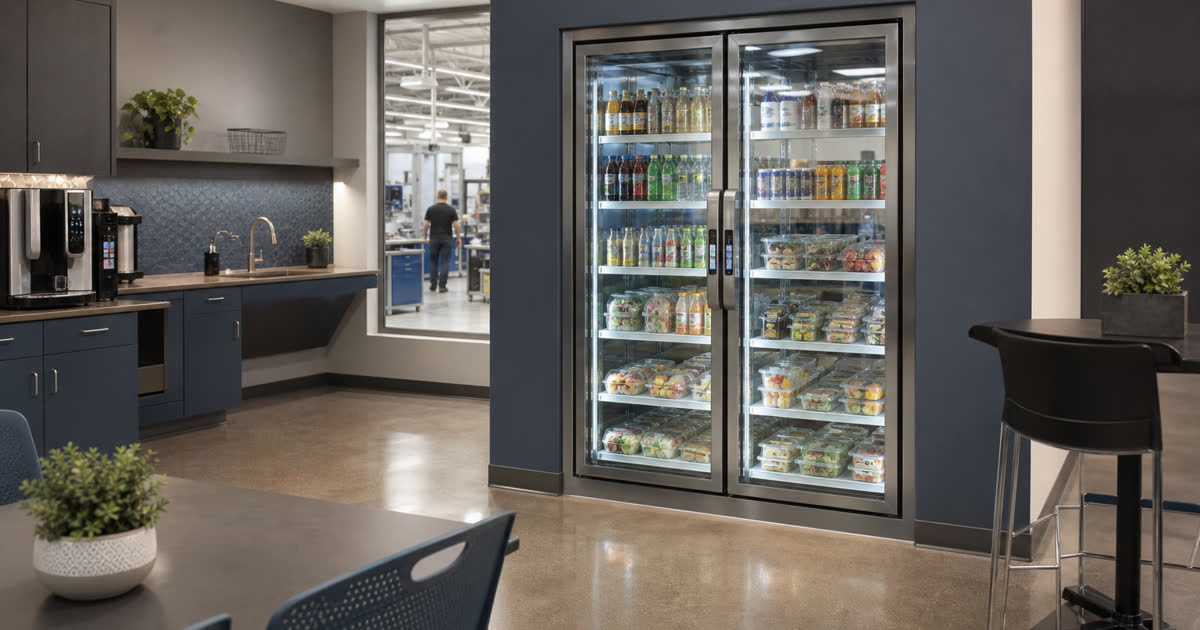 Revvolto smart vending in an Austin campus staff lounge with clear glass and stocked grab-and-go options